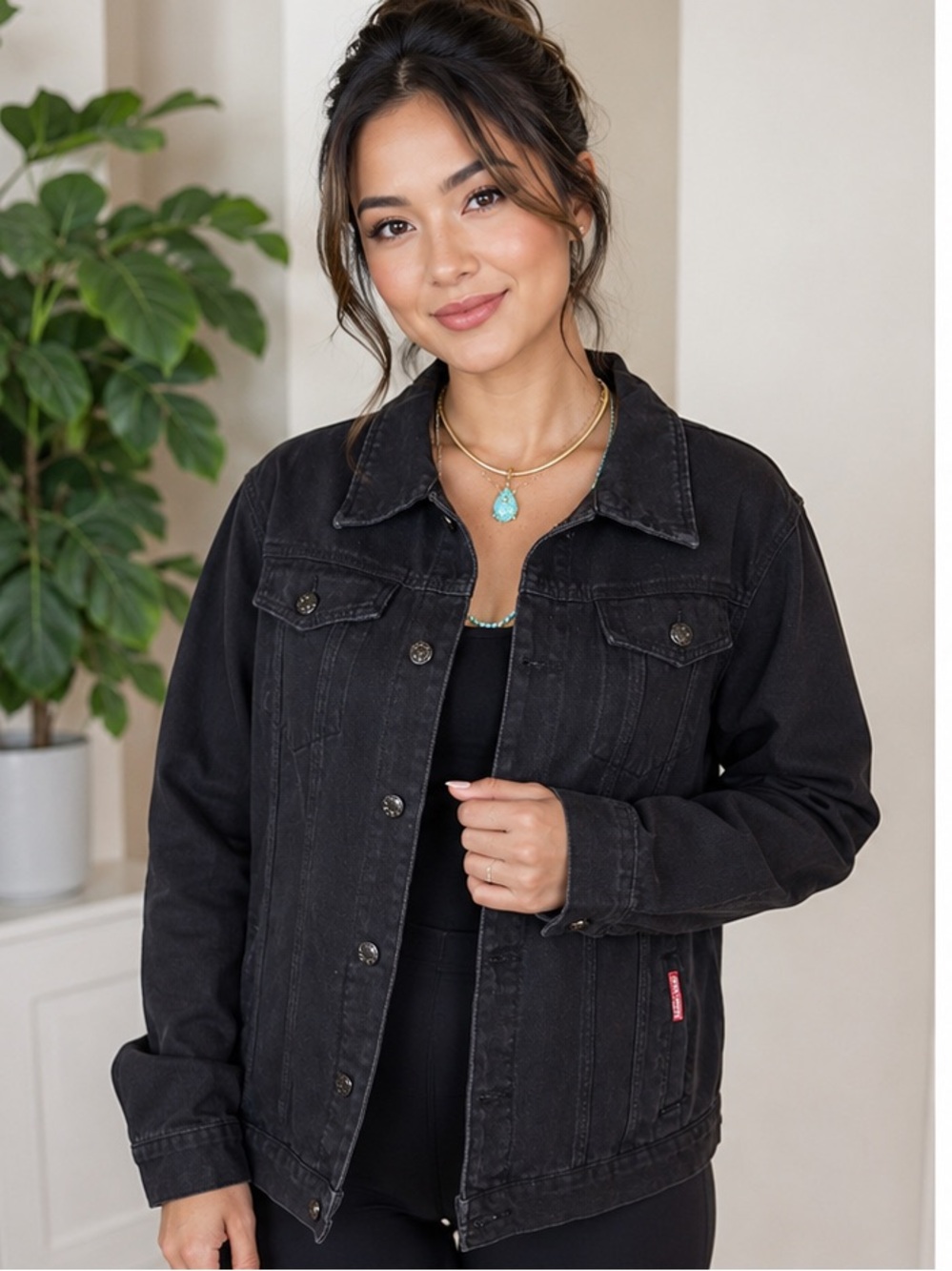 Black Denim Jacket with Colorful Embroidered Back - Picture 3 of 15